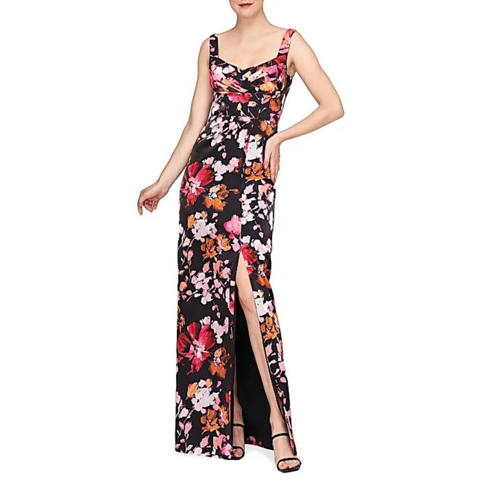 NWT $328 KAY UNGER Womens Sz 8 Nicole Floral Organza Column Gown w/ Slit Glam